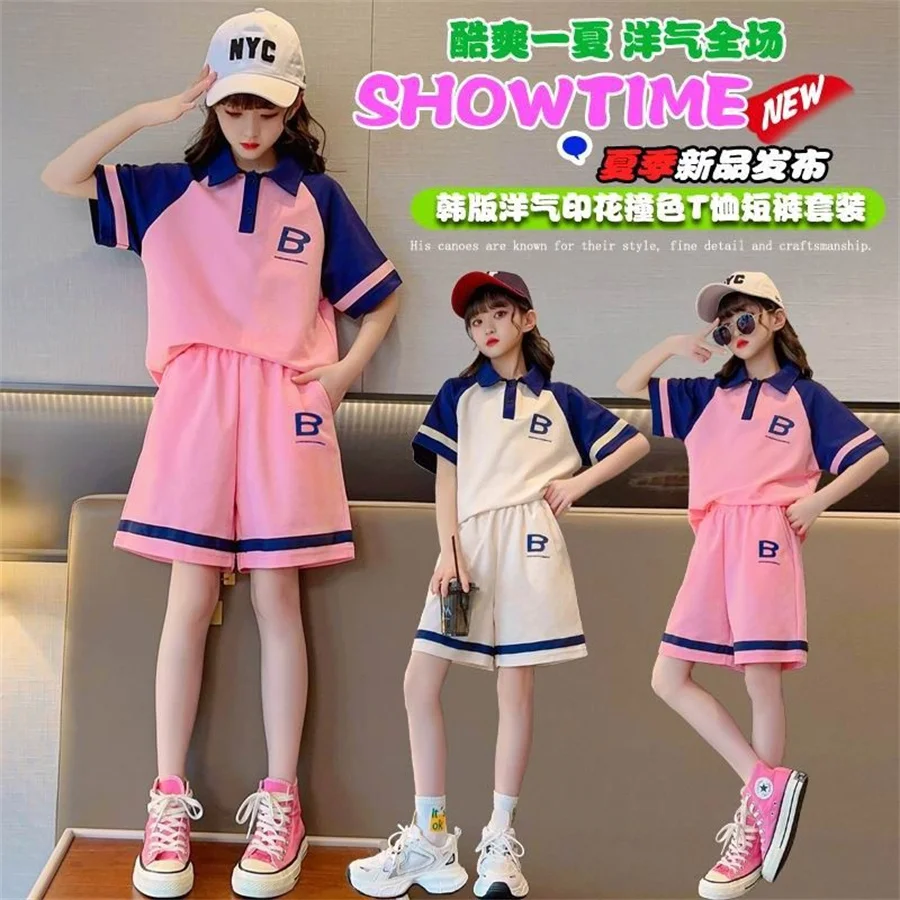 

Children Tracksuits Girls Summer Casual Outfits Teen Kids Polo Shirt Shorts Sports Two-Piece Sets Fashion Teen Loungewear