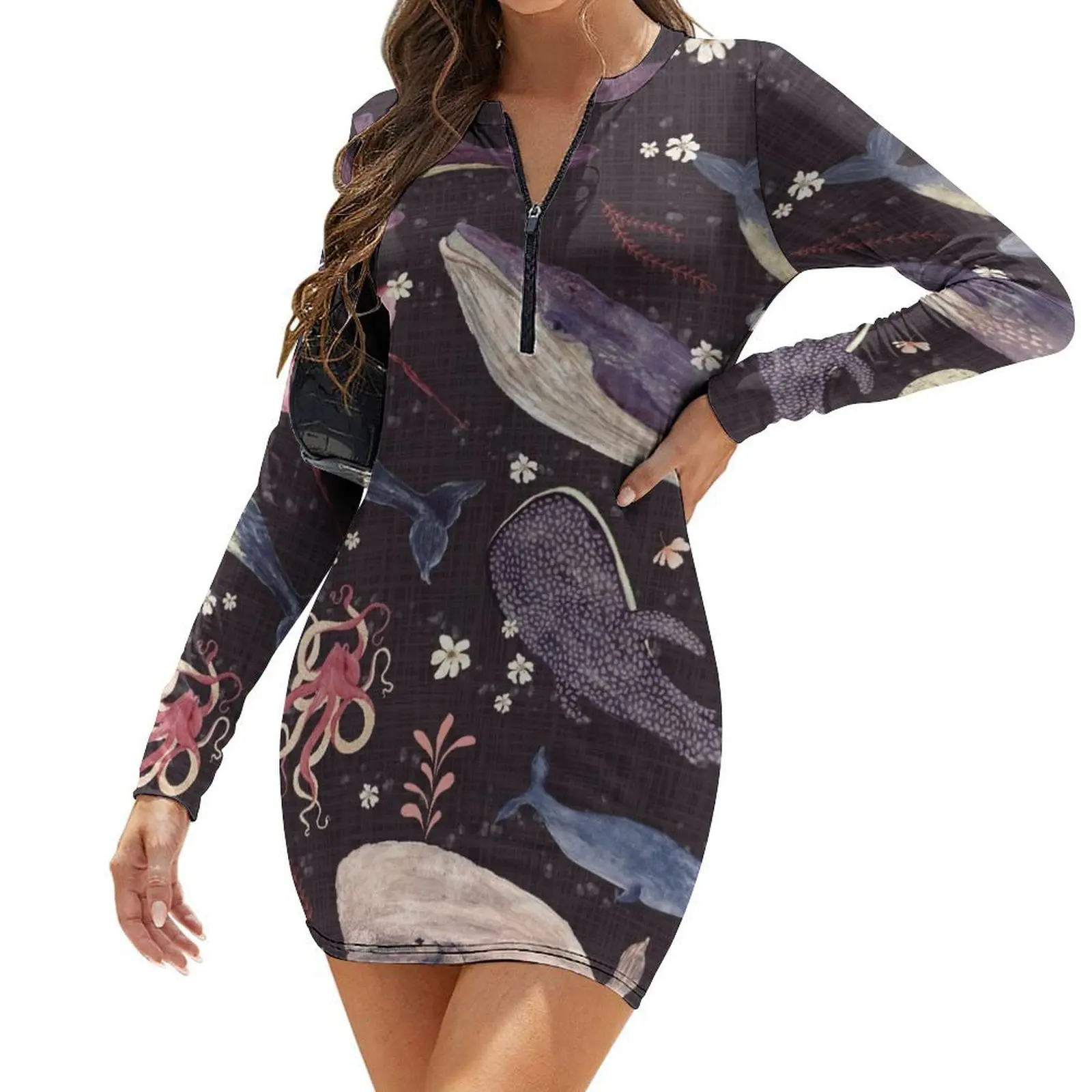 

Whale's song grape Long-Sleeve Bodycon Dress dresses korean style ladies dresses for special occasions Party dresses for women