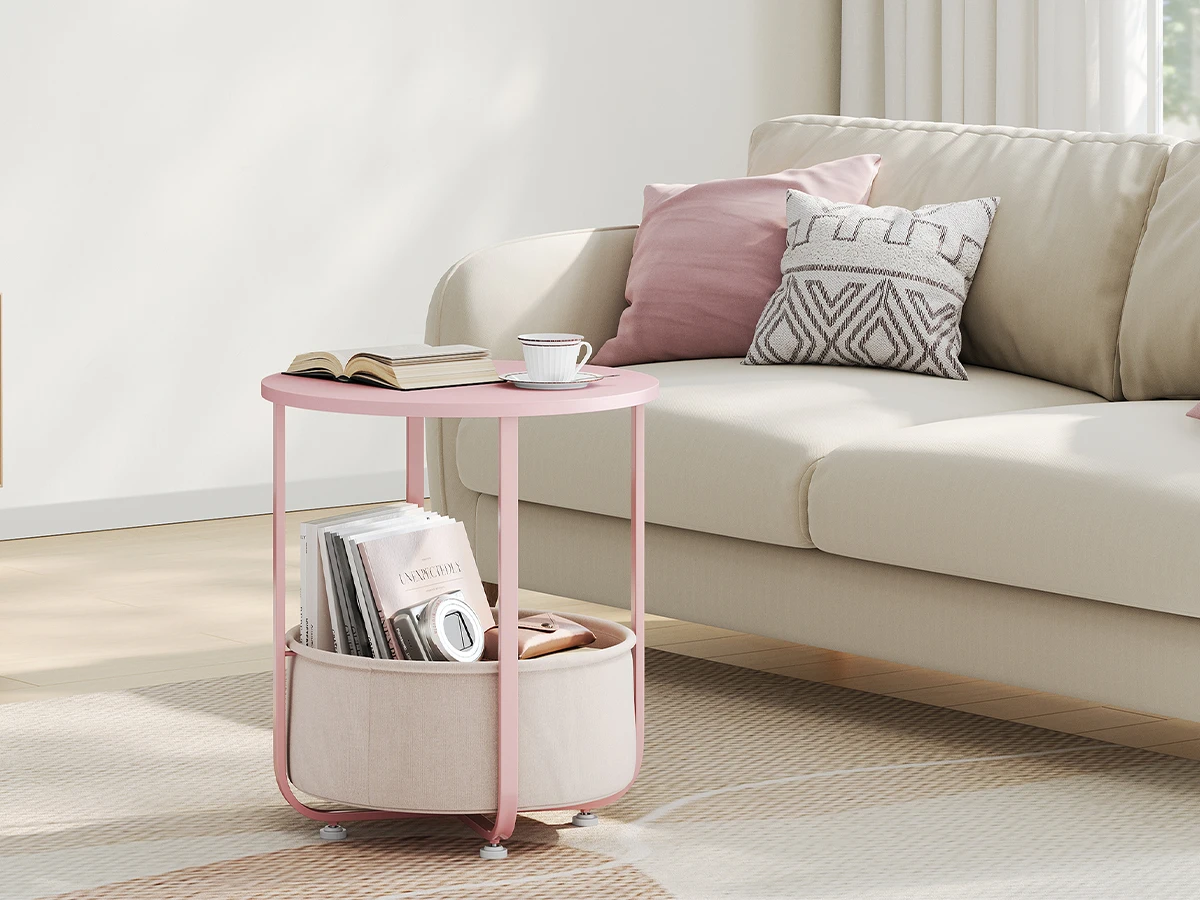 WOLTU Runder kleiner Couchtisch, Beistelltisch mit Stoff-Aufbewahrungskorb, Metallrahmen, Nachttisch, modern, für Wohnzimmer, Schlafzimmer – Detail 32