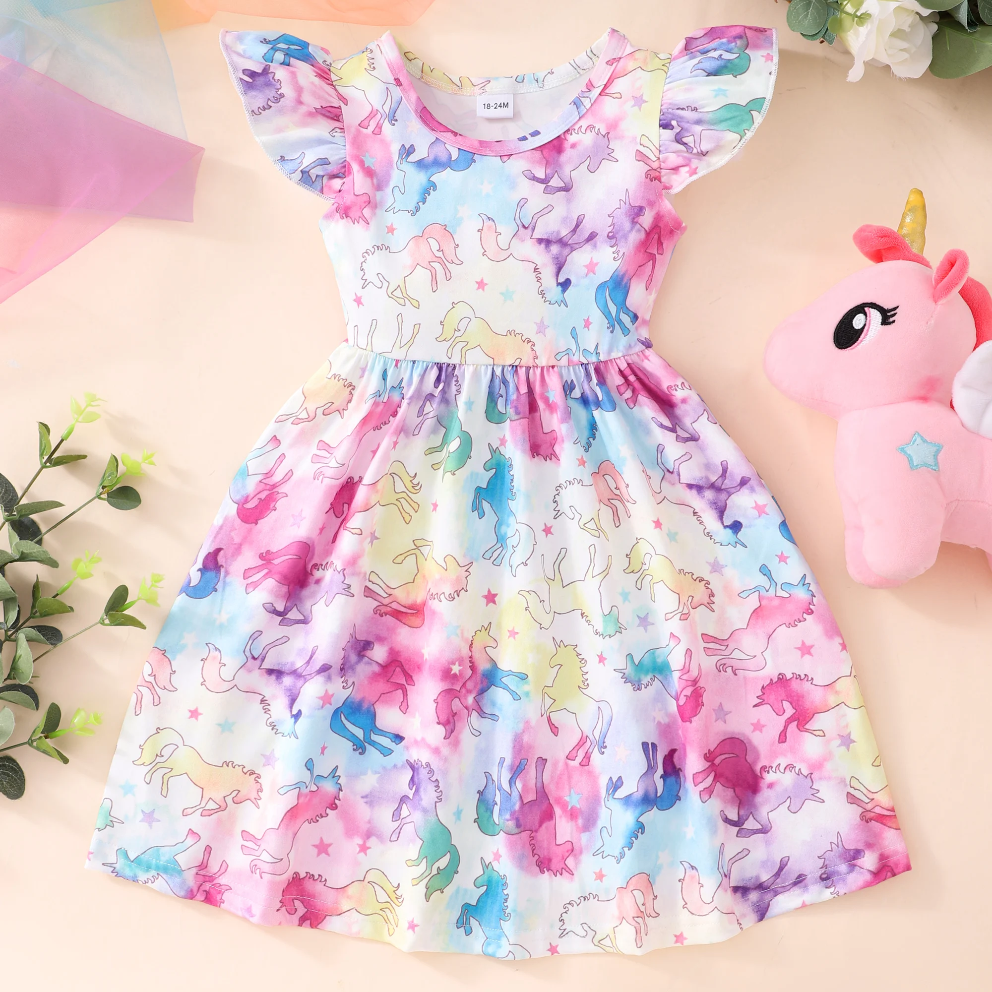 

New Girls Dress Flying Sleeve Dress Baby Girls Kids Party Tutu Ruffle Rainbow Carton Dresses Cotton Newborn Costume for 2-9Y