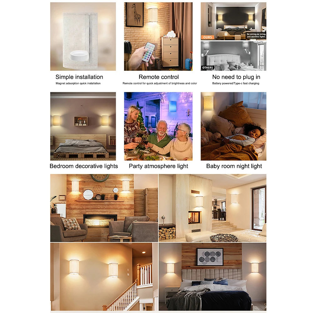 

LED Wall Lighting Decor Rechargeable Interior Modern Lights with Fabric Shade Remote Control Indoor Decoration