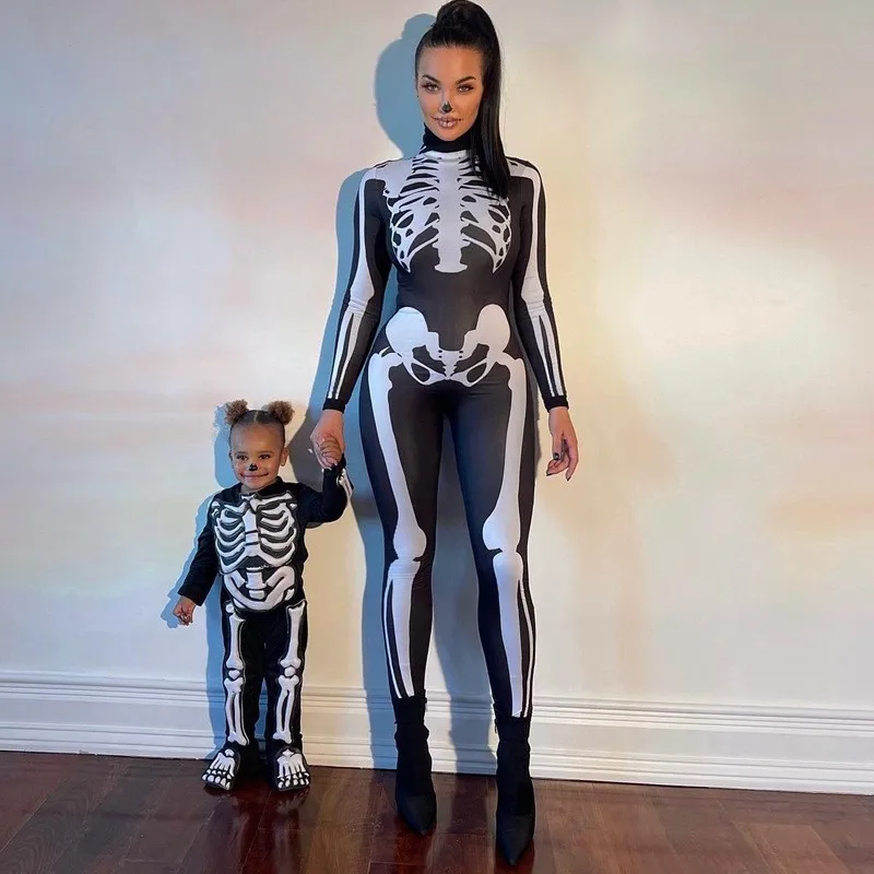 

Halloween Costume Girl JumpSuit 3D Skeleton Printed Romper Cosplay Costume Matching Outfits Slim Women Sexy Streetwear
