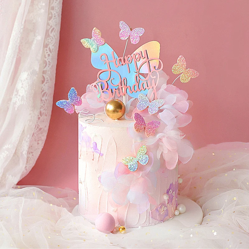 Rainbow Butterfly Cake Toppers – Happy Birthday & Baby Shower Party Decorations