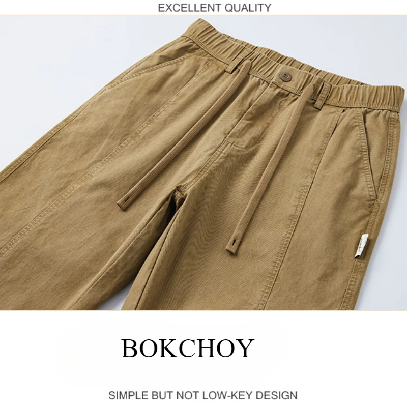 2025 Spring New 100% Cotton Casual Cargo Pants for Men Clothing Drawstring Solid Color Men Trousers YL905 4