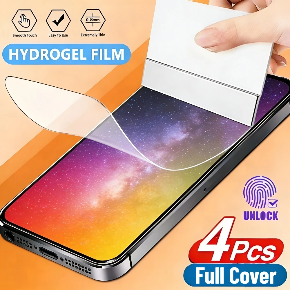 4 шт. гідрогелевої плівки Full Cover HD для iPhone 17 16 15 14 Pro Max 17e 16 15 14 Plus Air 13 12 11 Pro, захисна плівка проти подряпин
