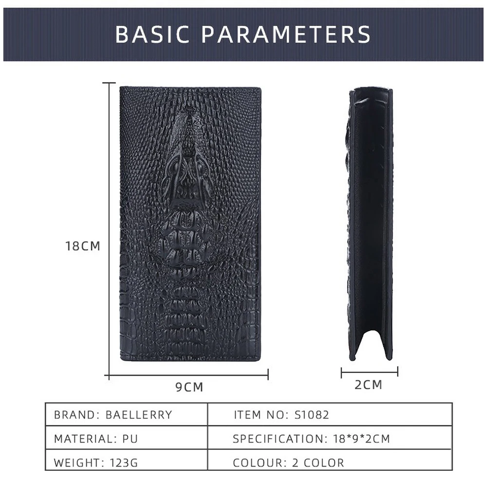 Baellerry Men's Crocodile Pattern PU Wallet Long Multi - Card Slots Large Capacity Trifold Purse with ID Window
