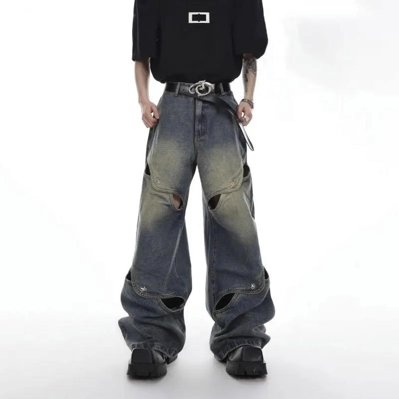 QWEEK Y2k High Street Jeans Women Loose Hollow Vintage Cargo Pants Button Denim Wide Leg Pants Patchwork Hip Hop Street Fashion