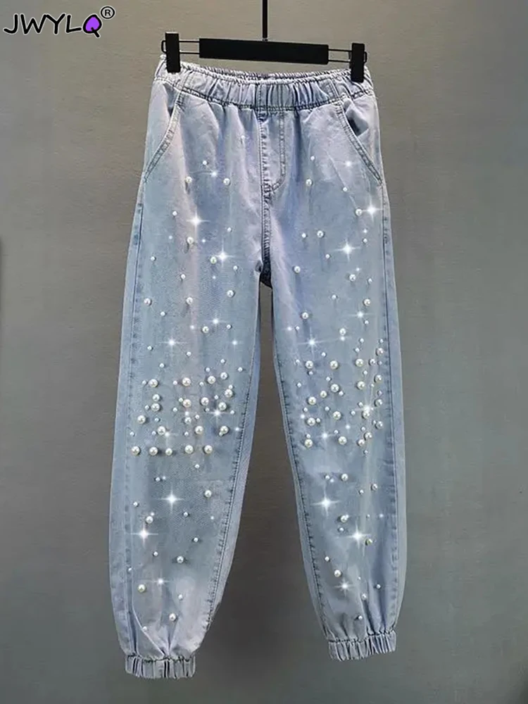 

High Waist Elastic Pearls Harem Jean Oversized 5xl Blue Denim Pants Capris Baggy Pantalones Casual Vaqueros 2023 Streetwear Y2k