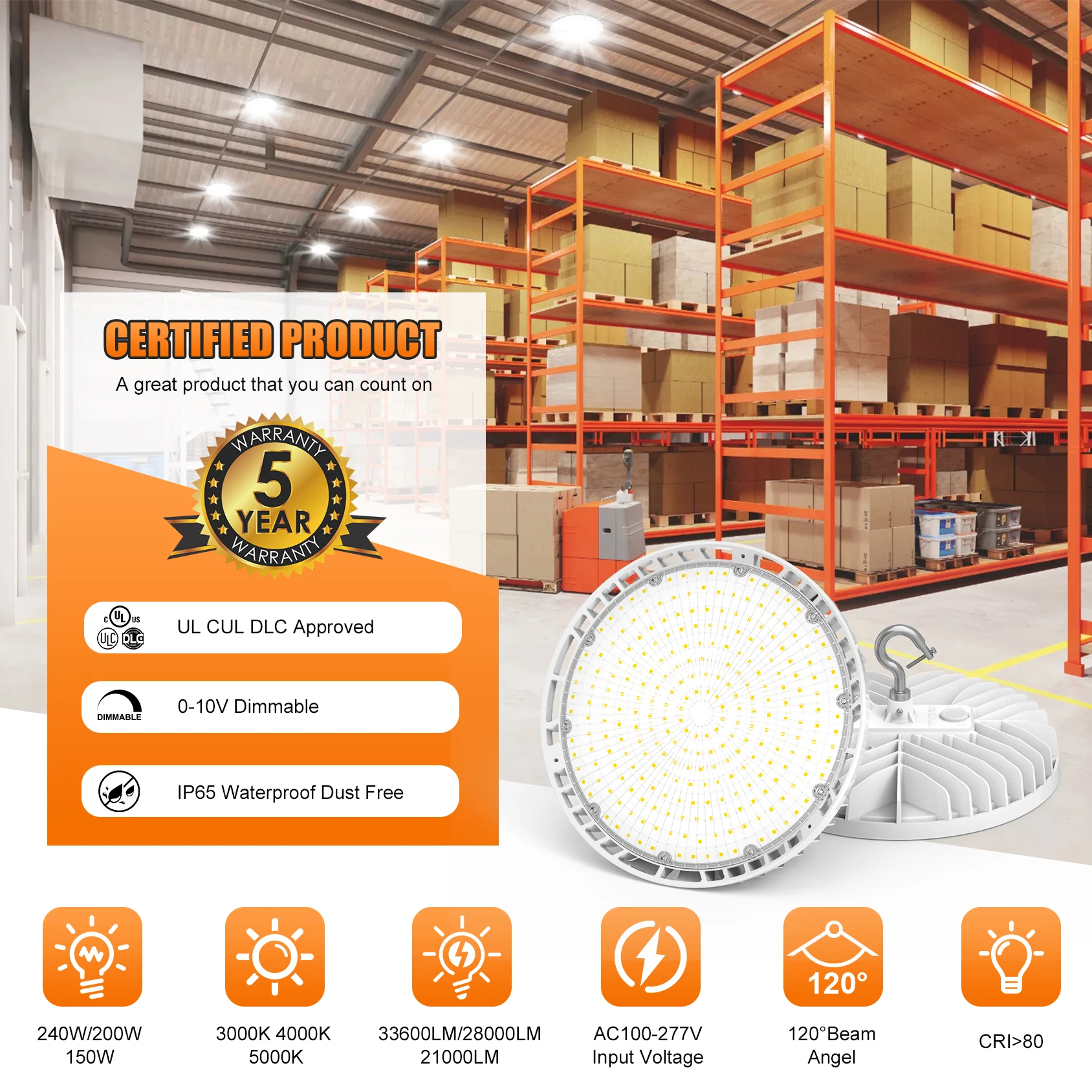 Delivery from USA High Lumens Die-casting Aluminum Motion Sensor Wattage Adjustable LED UFO High Bay 150W 200W 300W 400W
