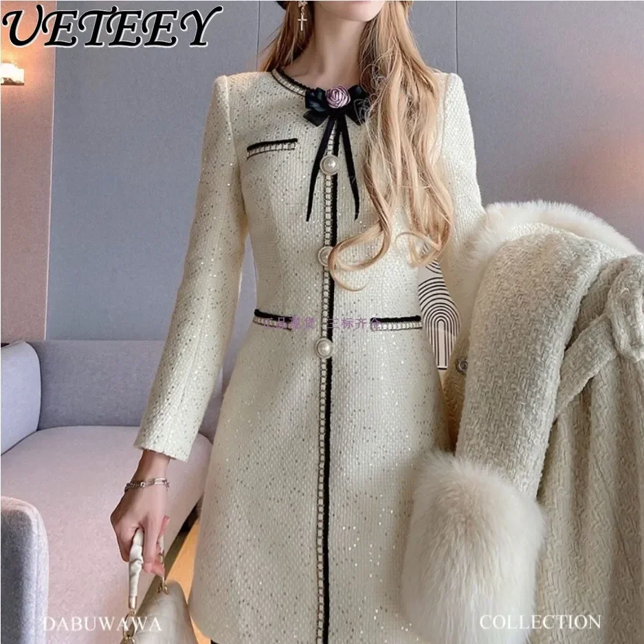 

Dabuwawa High-Grade French Detachable Bow Long Sleeve Tweed Dress for Women 2023 New Autumn and Winter New Bodycon Midi Dress