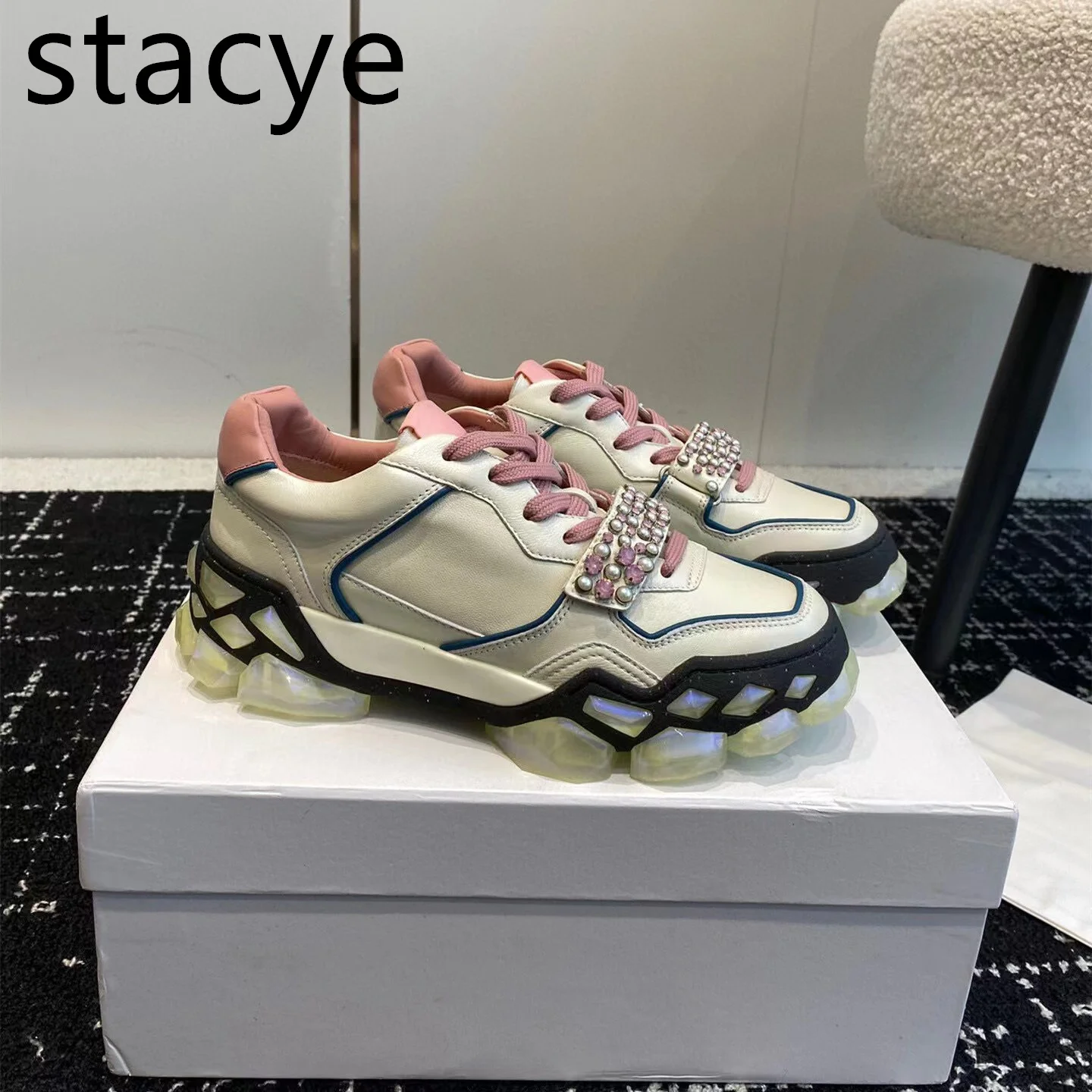 

Spring Autumn New Shoes For Women Genuine Leather Platform Sneakers Crystal Patchwork Tennis Flats Sewing Designer Shoes Lace-up
