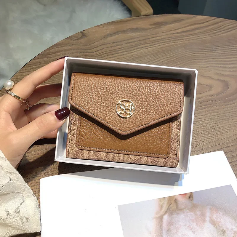 

2023 Real Leather Short Women Wallets Original Design Two-tone Calfskin Envelope Fashion Letter Coin Purse Card Holder