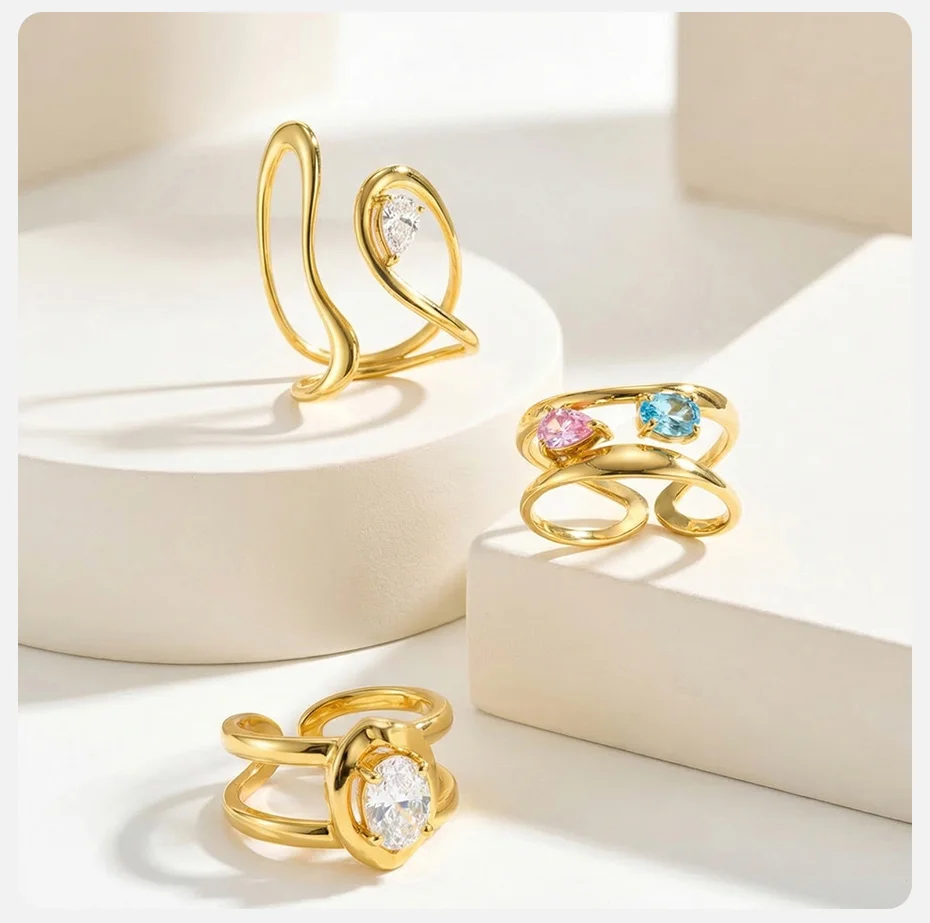 Vnox vergoldeter tropfenförmiger ovaler rosa-blauer Zirkon-Doppelschicht-Öffnungsring für Damen, glänzende Kristalle, Party-Fingerring, Schmuck – Detail 5