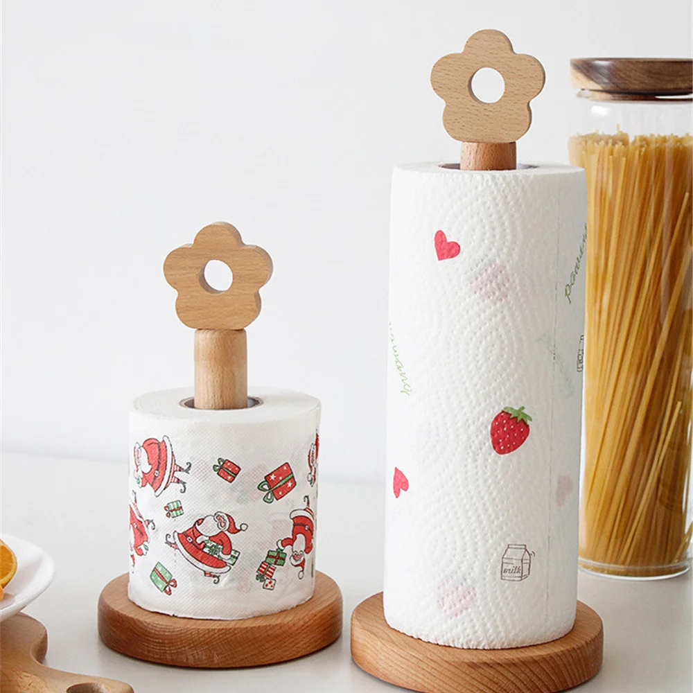 Wooden Roll Paper Holder Kitchen Tissue Towel Rack Kitchenware Storage Stand Utensil