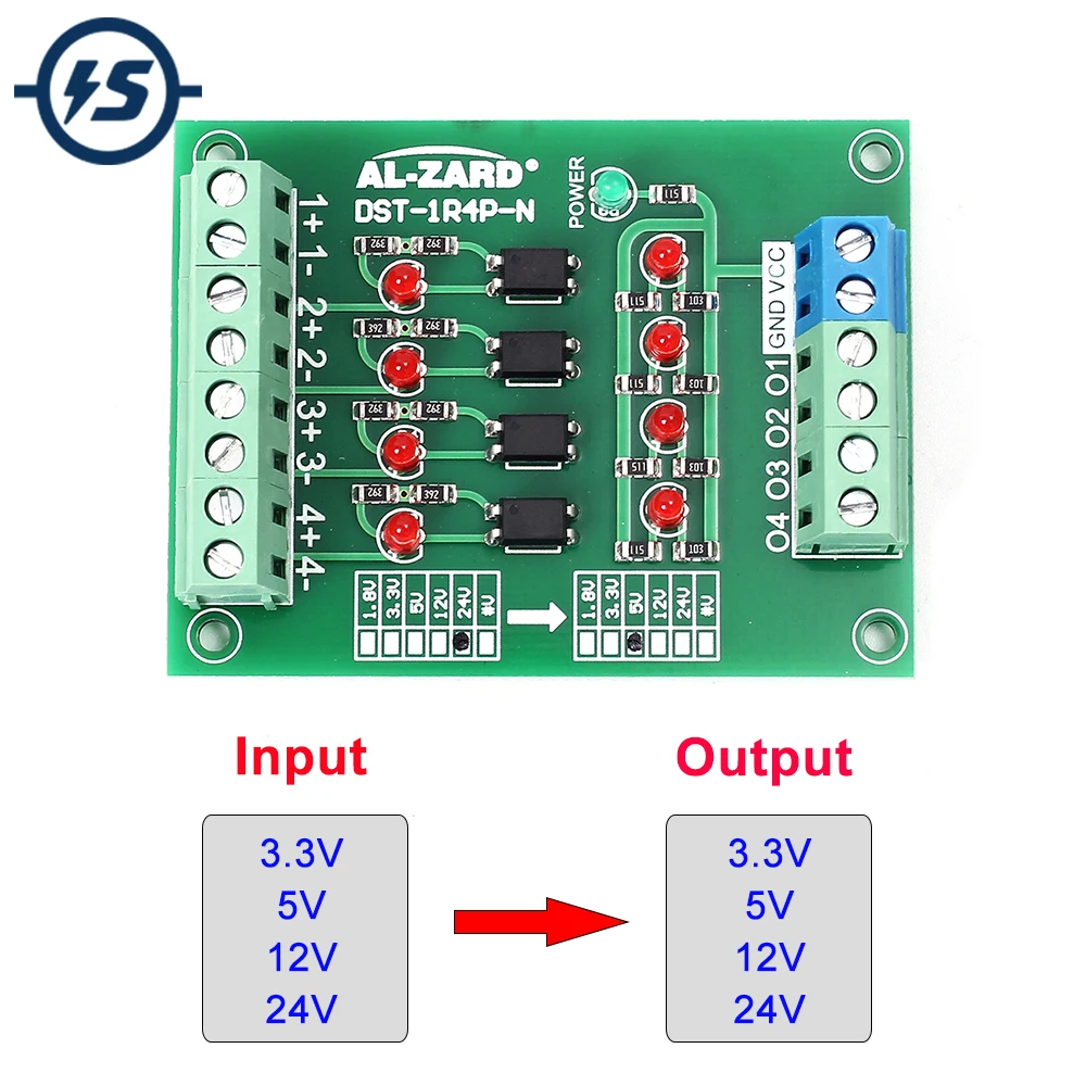 Produktbild von Optokoppler-Isolationsplatine 4-Kanal – 3,3V Auf 24V, SPS-Signalwandler, PNP/NPN Zu NPN, 80 KHz