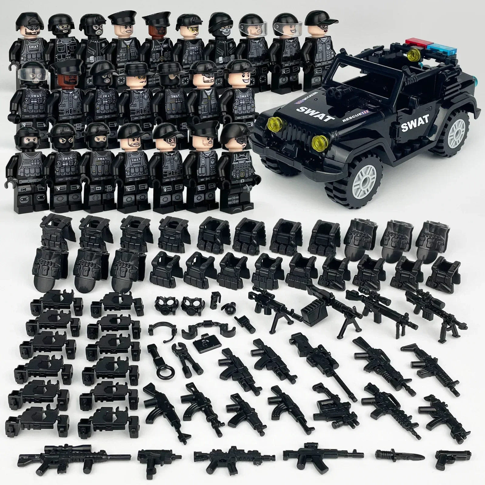 

WW2 Military Special Forces Modern Soldier Police Car SWAT City Military Weapons Figures Building Blocks Mini Toy Christmas Gift