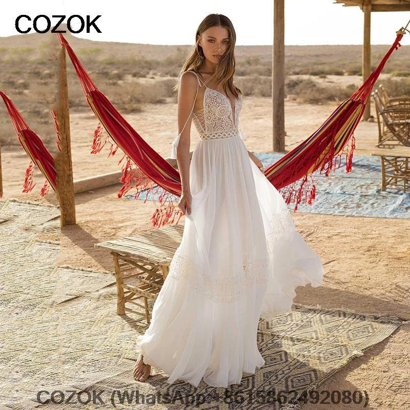 Vestidos de novia bohemios baratos, de novia bohemios sexis con espalda descubierta y tirantes finos, vestido de novia de playa de gasa para boda 2022| | - AliExpress