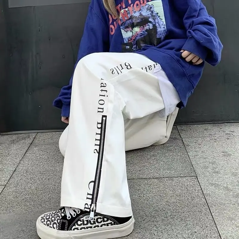 2023 Autumn and Winter Plush High Waist Printing Versatile Fashion Loose Casual Sports Split Zipper Women's Wide Leg Pants