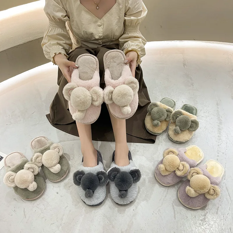 Women Slippers Cartoon Elephant Winter Fur House Indoor Outdoor Plush Warm Cotton Shoes Men Couple Comfortable Zapatillas Mujer