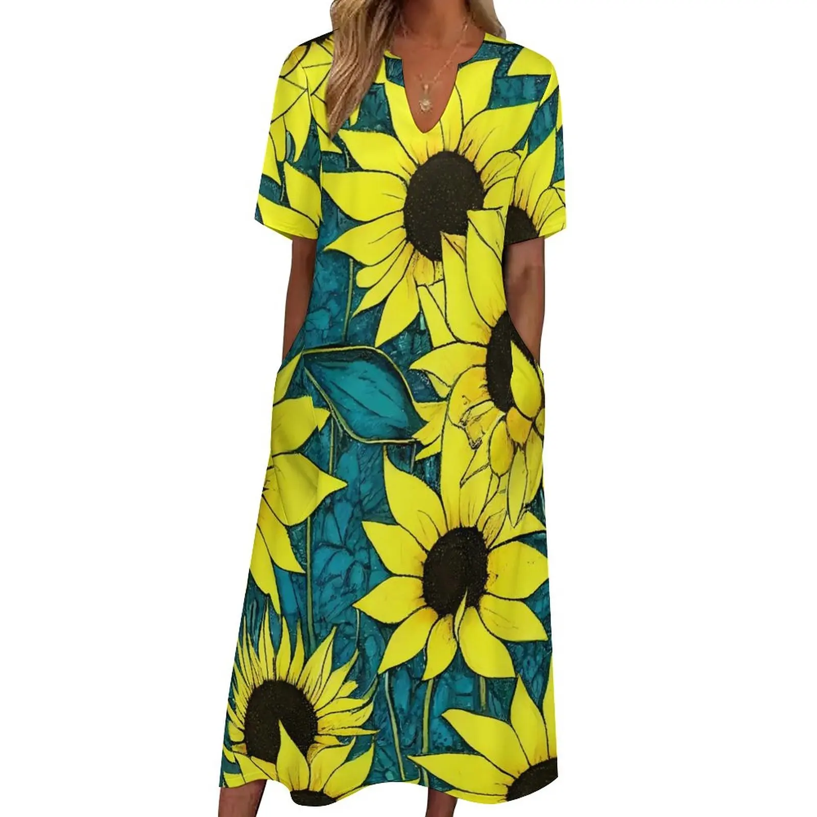 

Cool Sunflower Dress Huge Sunflowers Party Maxi Dress Street Fashion Bohemia Long Dresses Female Short Sleeve Oversized Vestido