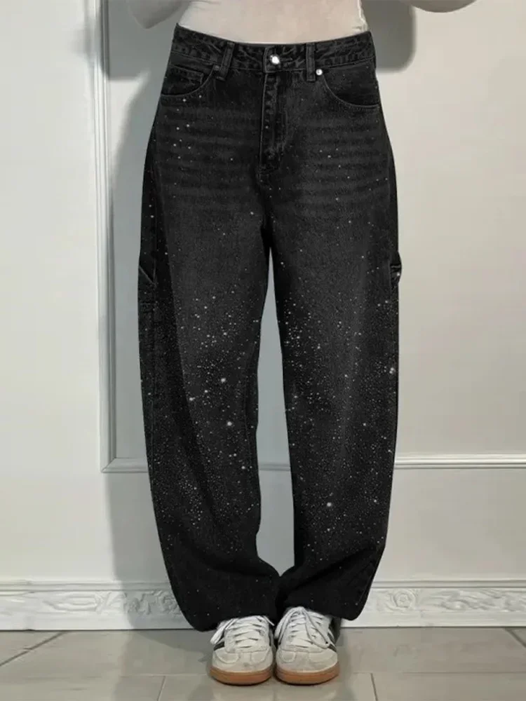 DARKFOG★Vintage washed rhinestone design jeans DF61 Shiny Rhinestone Baggy Women's Wide Leg Jeans Full Diamond