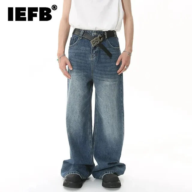 IEFB 2025 Spring New Trendy Jeans Metal Ring Design Male Gradient Color Washed Straight Male Denim Pants Wide Leg Casual 9C354 1