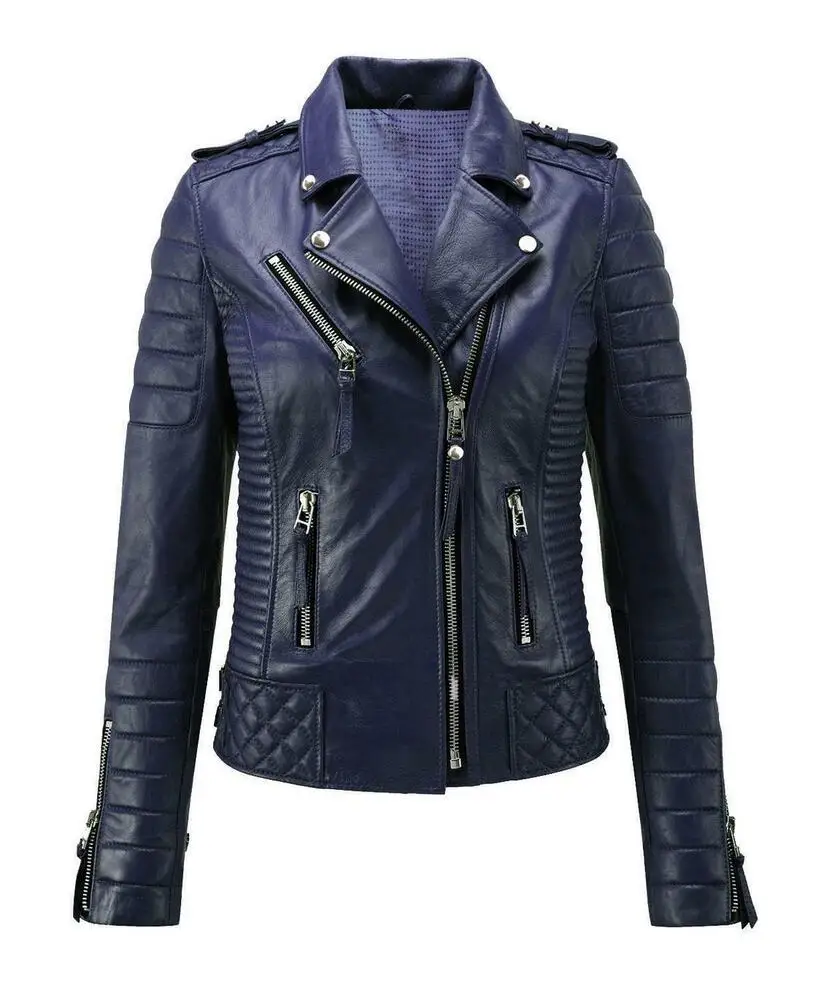 Women Leather Jacket Sheepskin Quilted Leather Motorcycle Biker Coat