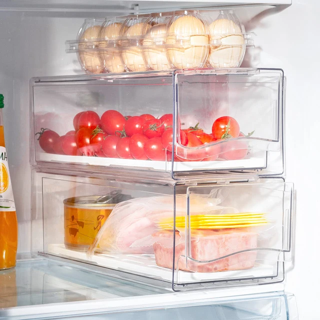 쌓을 수 있는 냉장고 정리함으로 공간 활용 극대화하고 식료품 신선하고 정돈되게 유지