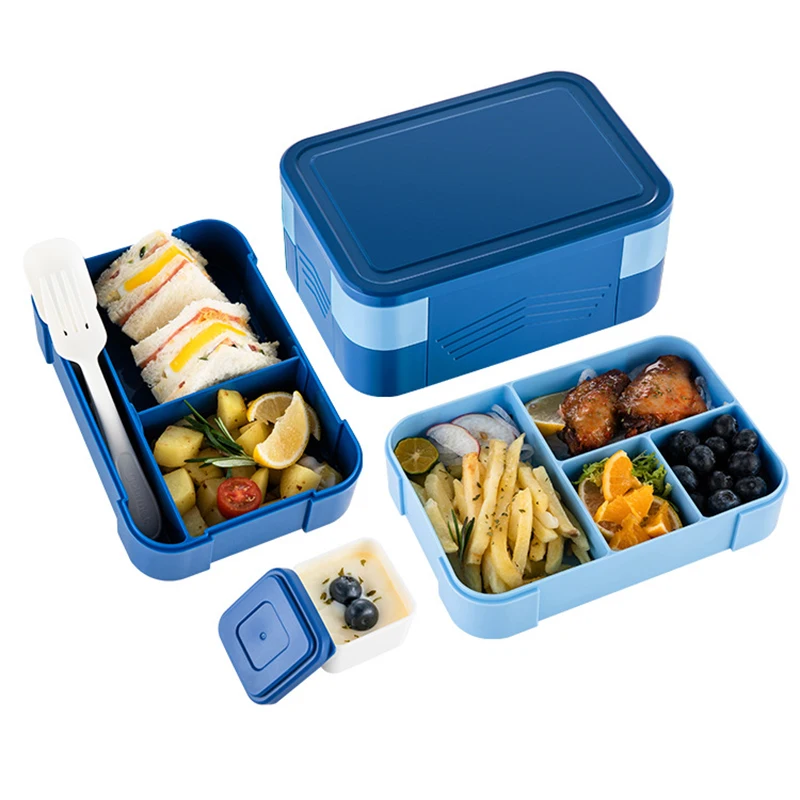 Double Layer Rectangle Lunch Box With Sauce Box, Fork, Spoon, And