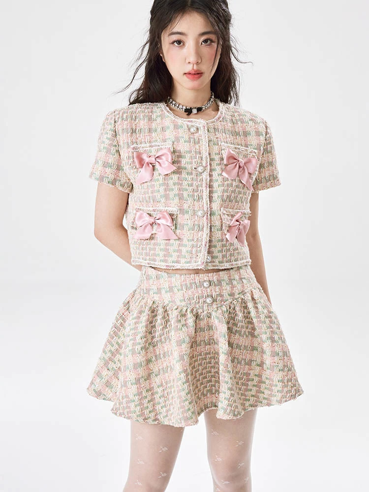 

2023 New Spring Summer Sweet Small Fragrance Tweed Two Piece Set Women Bow Jacket Coat+Mini Skirt Suits Women's 2 Piece Outfits