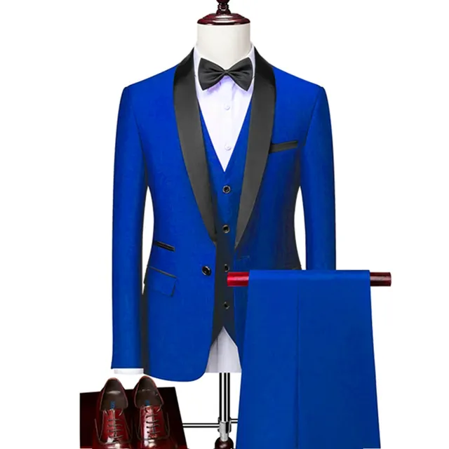 Men Skinny 3 Pieces Set Formal Slim Fit Tuxedo Prom Suit / Male Groom Wedding Blazers High Quality Dress Jacket Coat Pants Vest - 3 Pcs Set Bao Blue, Asian L is US XS