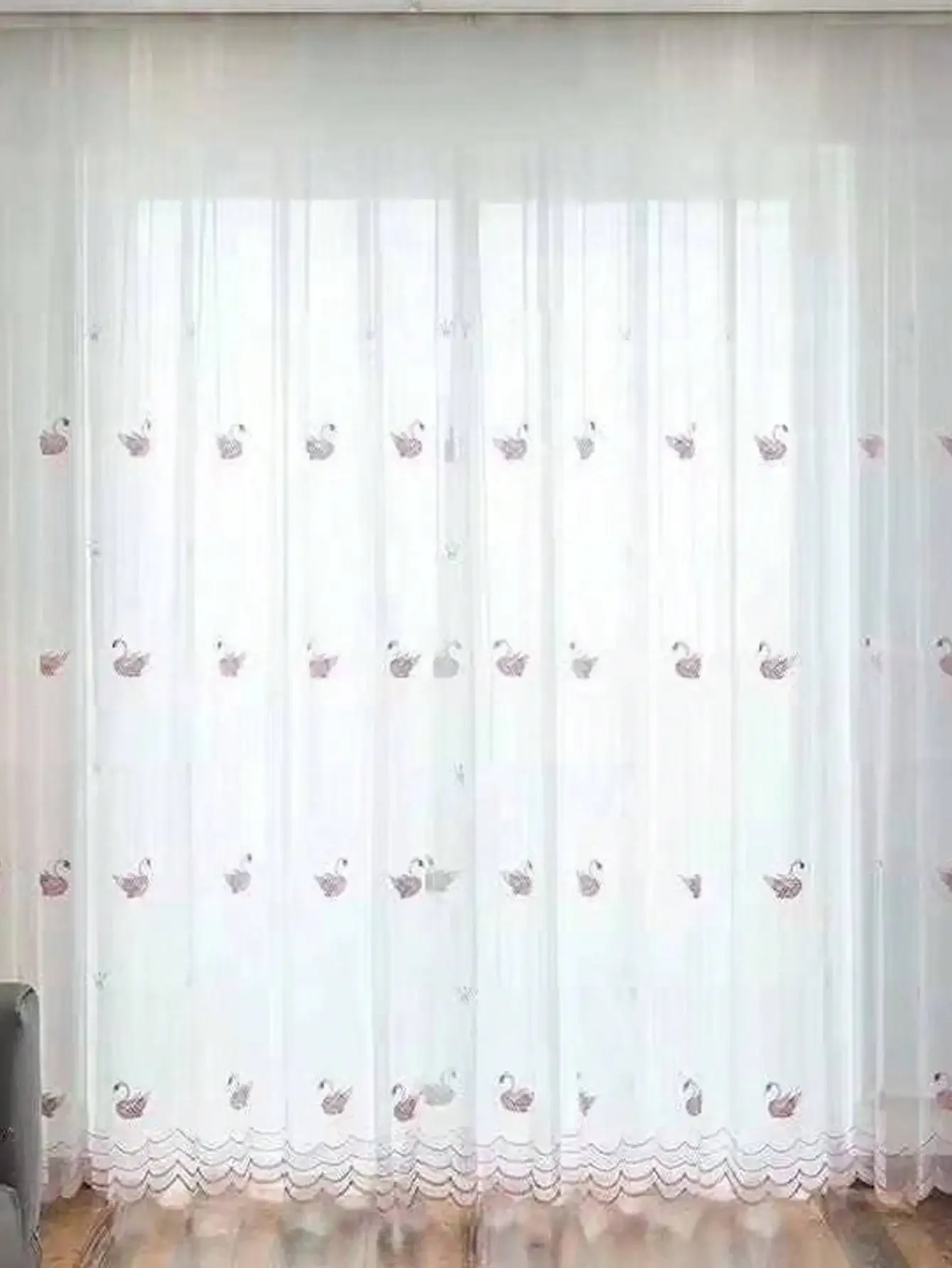 1PC Nordic Swan Embroidery Flower Window Screen Pink Children's Translucent Gauze Curtain