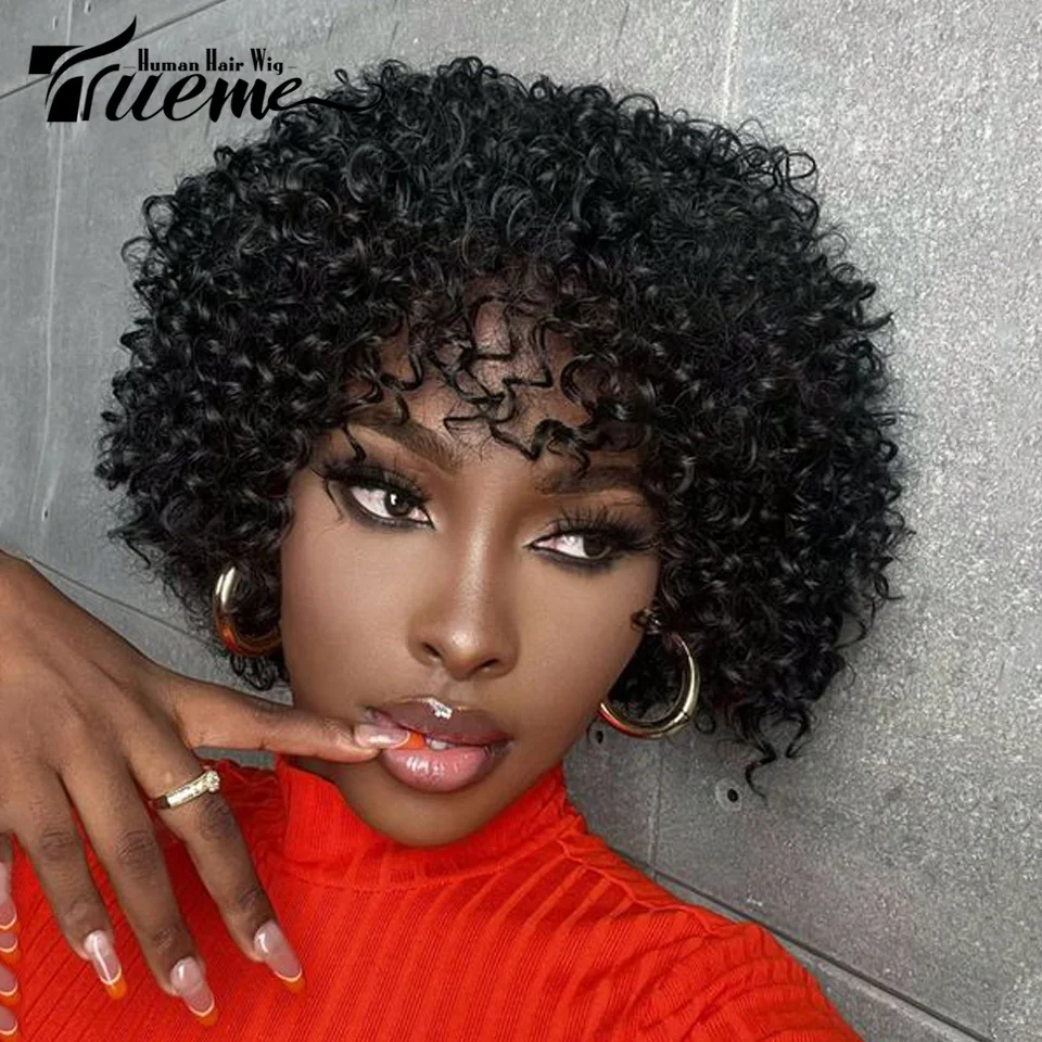 

Trueme Highlight Short Curly Human Hair Wigs For Women Brazilian Kinky Curly Bob Human Hair Wig With Bangs Full Machine Made Wig