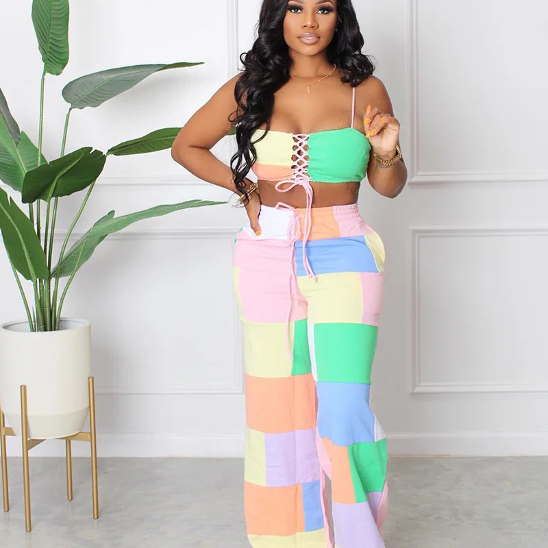 Patchwork Plaid Print Two Piece Sets Womens Outfits Clubwear Sleeveless Bandage Crop Tops and Wide Leg Pants Suits Matching Sets