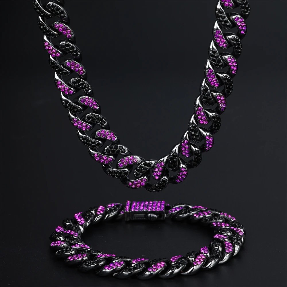 【BLACKPURPLE】Square Crystal Cuban Chain Necklace Woman New 5A Purple CZ Stone 14mm Cuban Link Chains Black Plated
