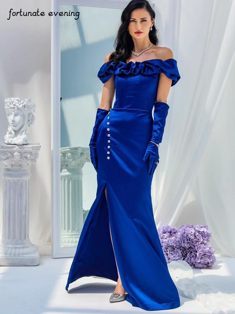 

Fortunate Evening Elegant Vintage Royal Blue Crystal Boat Neck Gloves Customized Formal Occasion Prom Dress Evening Party Gowns