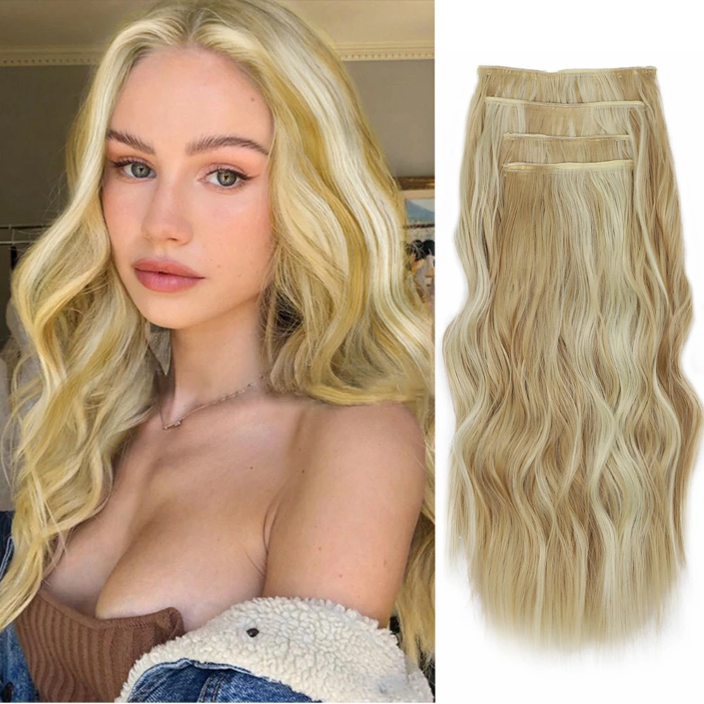 

Synthetic Clip on Hair Extension 4Pcs 20inch Curly Thick Hairpieces Long Wavy Full Head Ombre Blonde Hair Extensions for Women