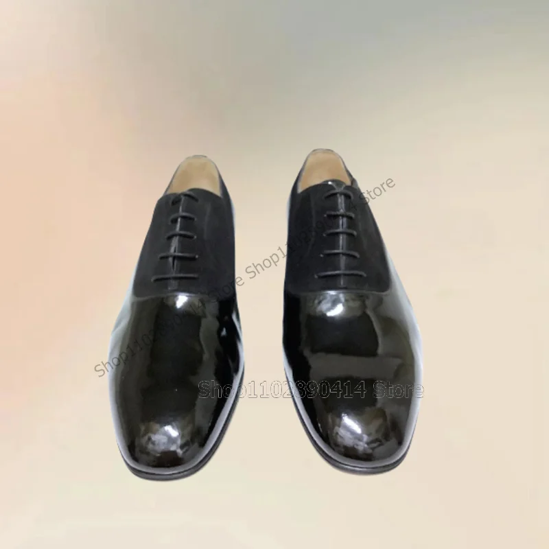 

Black Patchwork Patent Leather Strappy Men Shoes Fashion Lace Up Male Shoes Luxury Handmade Party Banquet Office Men Dress Shoes