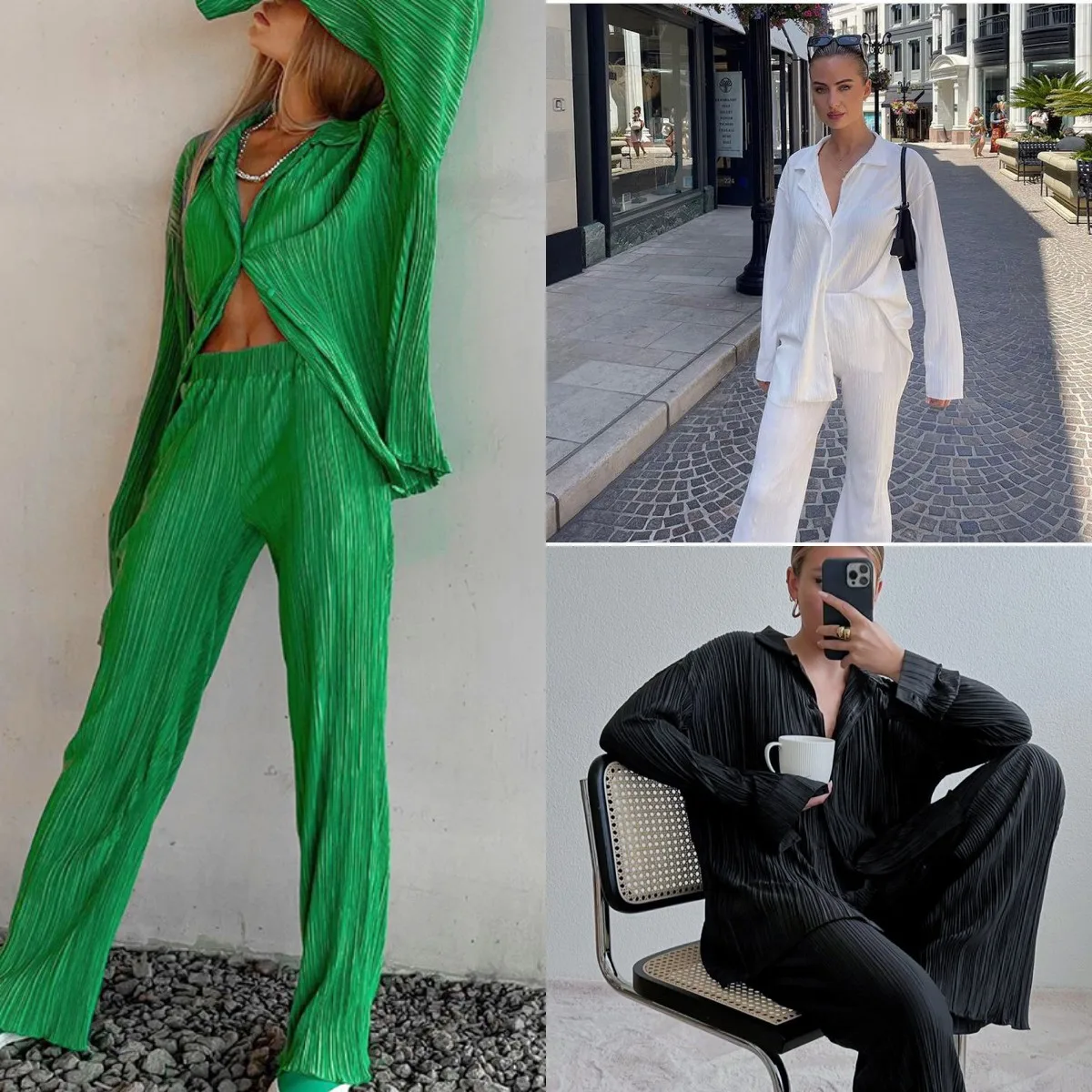 

2023 Women Two Piece Pleated Pants Suits Casual Chic Long Sleeve Shirts Straight Leg Solid Color Drape Loose Smooth Suit