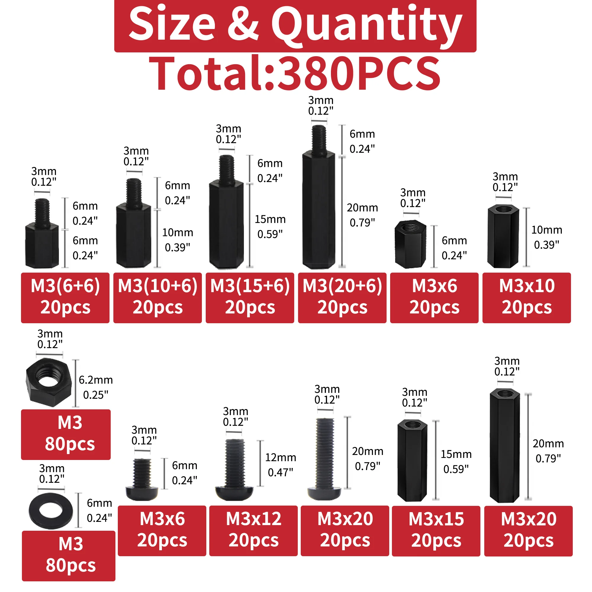 Screw Bolt Nut Set 380pcs M3 Male Female Nylon Hex Spacer Standoffs Screws Nuts Assortment Kit For Fastening And Anti-Loosening Not Easily Deformed