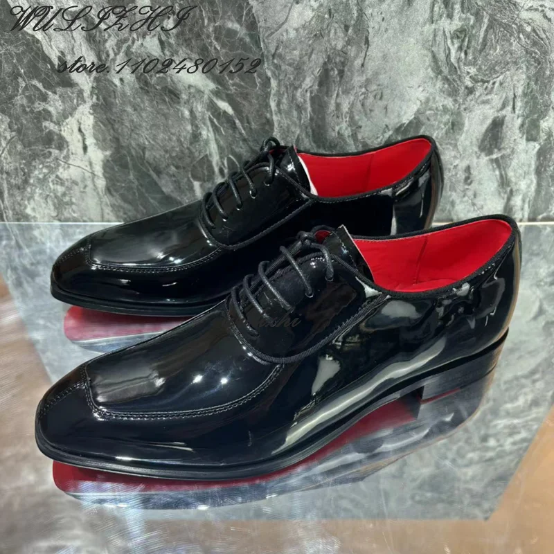 

Oxfords Black Patent Leather Men Red Sexy Solid Square Toe Sneakers Flat Lace Mules Wedding Low Heel Flat Casual Shoes Party