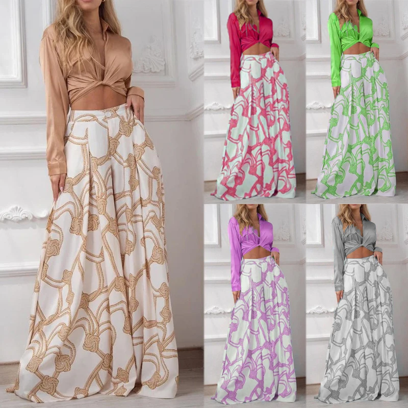 여성용 크로스 보더 프린트 캐주얼 슈트, 라펠 섹시 레이스업 셔츠, 하이웨이스트 와이드 레그 팬츠, 투피스 세트, 신제품
