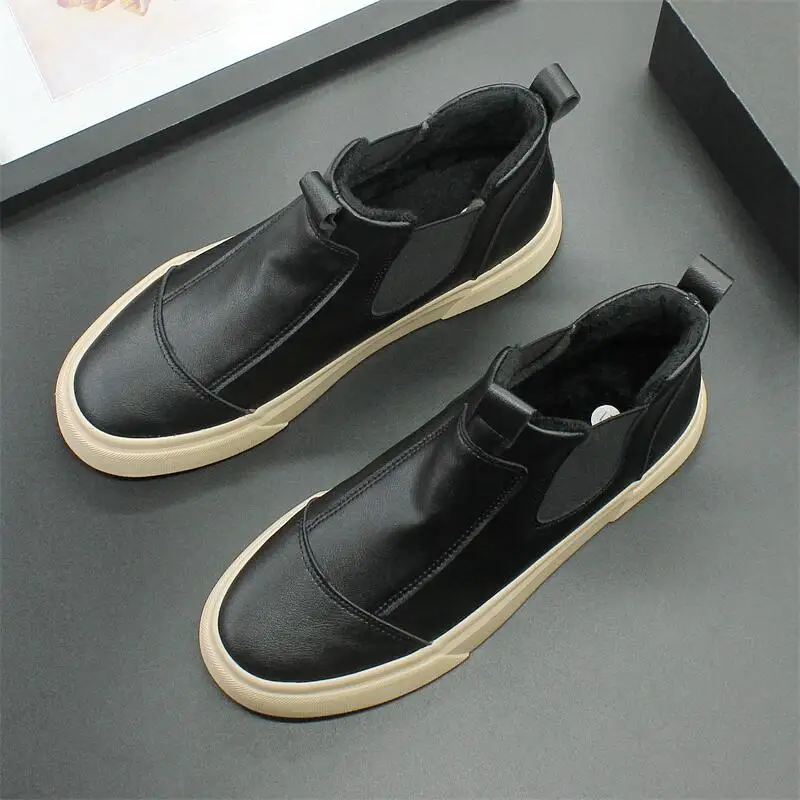 

2023 winter new plush cotton shoes Gaobang short-tube warm shoes waterproof leather thick-soled casual men's shoes