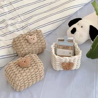 Storage Basket Makeup Desktop Organizer Home Decor Cosmetic Sundries Hand Woven Storage Basket Organizer Box Fabric Cute Bear 1