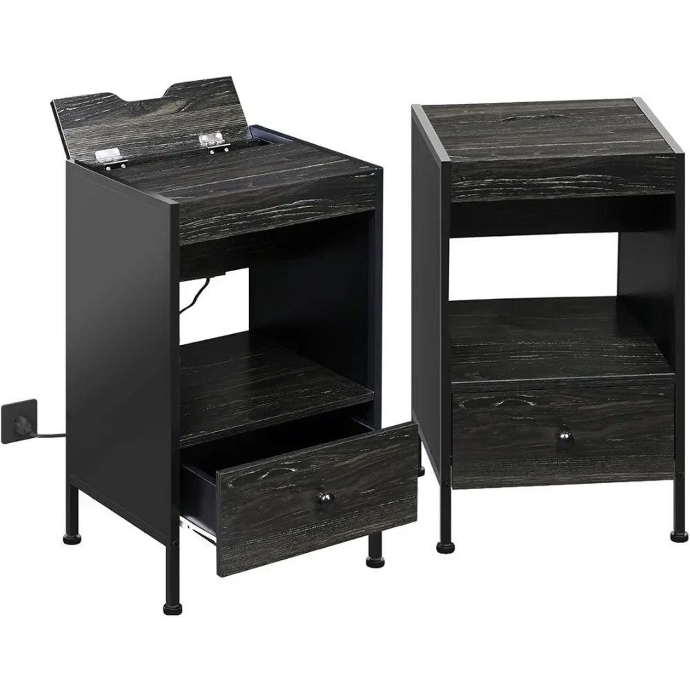 

Ночная тумбочка WLIVE с зарядной станцией, набор из 2 настольных тумбочек с USB-портами и розетками, прикроватный столик с деревянным ящиком