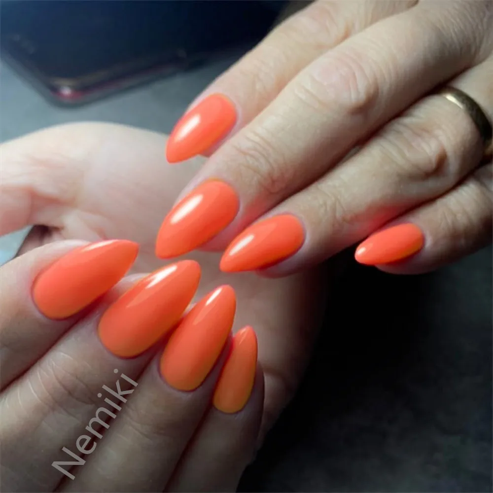 

24Pcs Glossy Orange Press On Artificial False Nails Short Stiletto Fake Nail With Jelly Glue DIY Finger Tip Manicure Tool