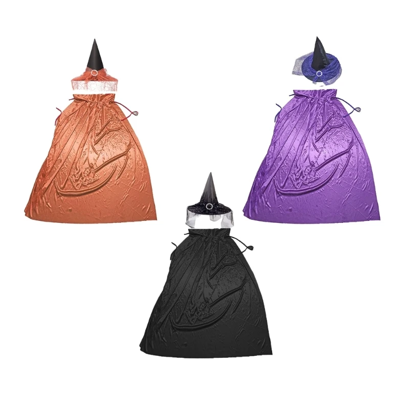 

L5YA 2Pcs Wizard Fancy Dress Costume Set Halloween Witch Costumes Witch Cloak Wizard Cape with Pointed Wizard Hat Set Gift