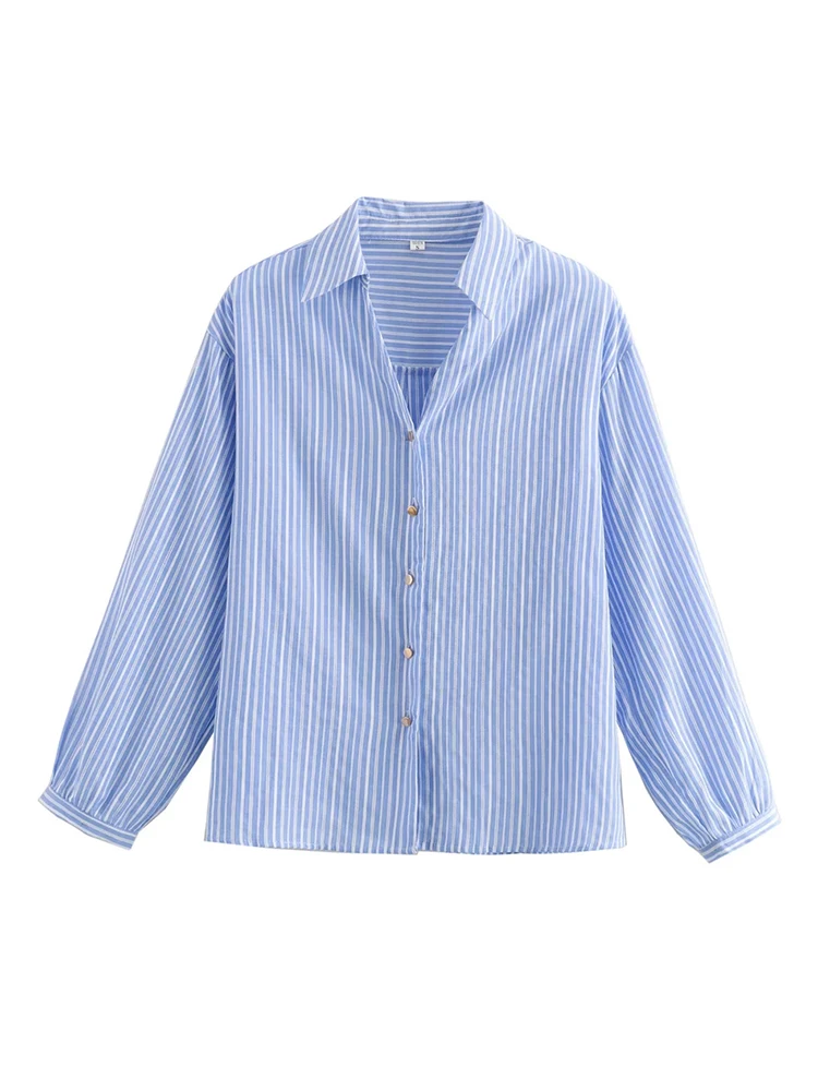 

Office Lady Casual Classic Style Striped Print Blue Loose Shirts Women 2024 Summer Casual Single Breasted Long Sleeve Long Tops