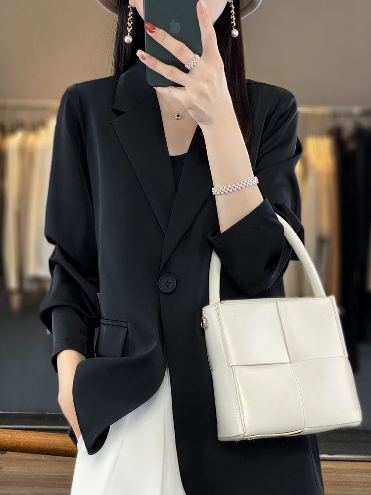 Spring and Autumn Upscale Latest Women's Temperament Solid Color Acetate Satin Smooth Fabric High Grade Fashion Suit Top