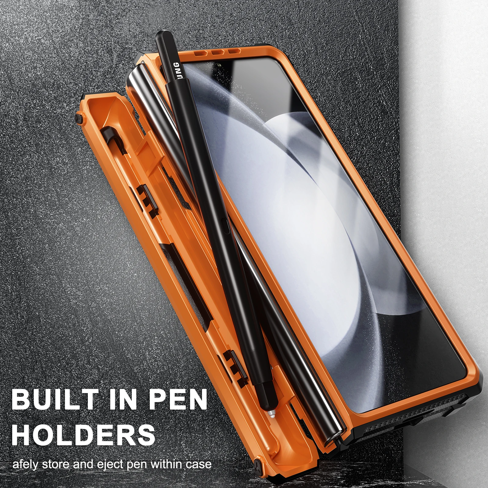Premium Phone Case with S-Pen Holder & Kickstand - Hinge Protection & Built-In Screen Protector